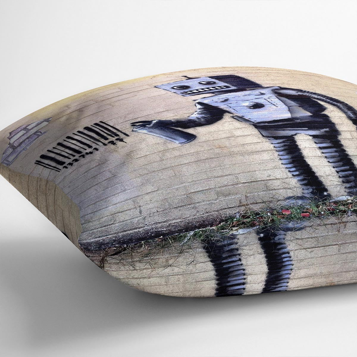 Banksy Robot Cushion featuring vibrant abstract design on luxurious vegan faux suede, perfect for home decor.