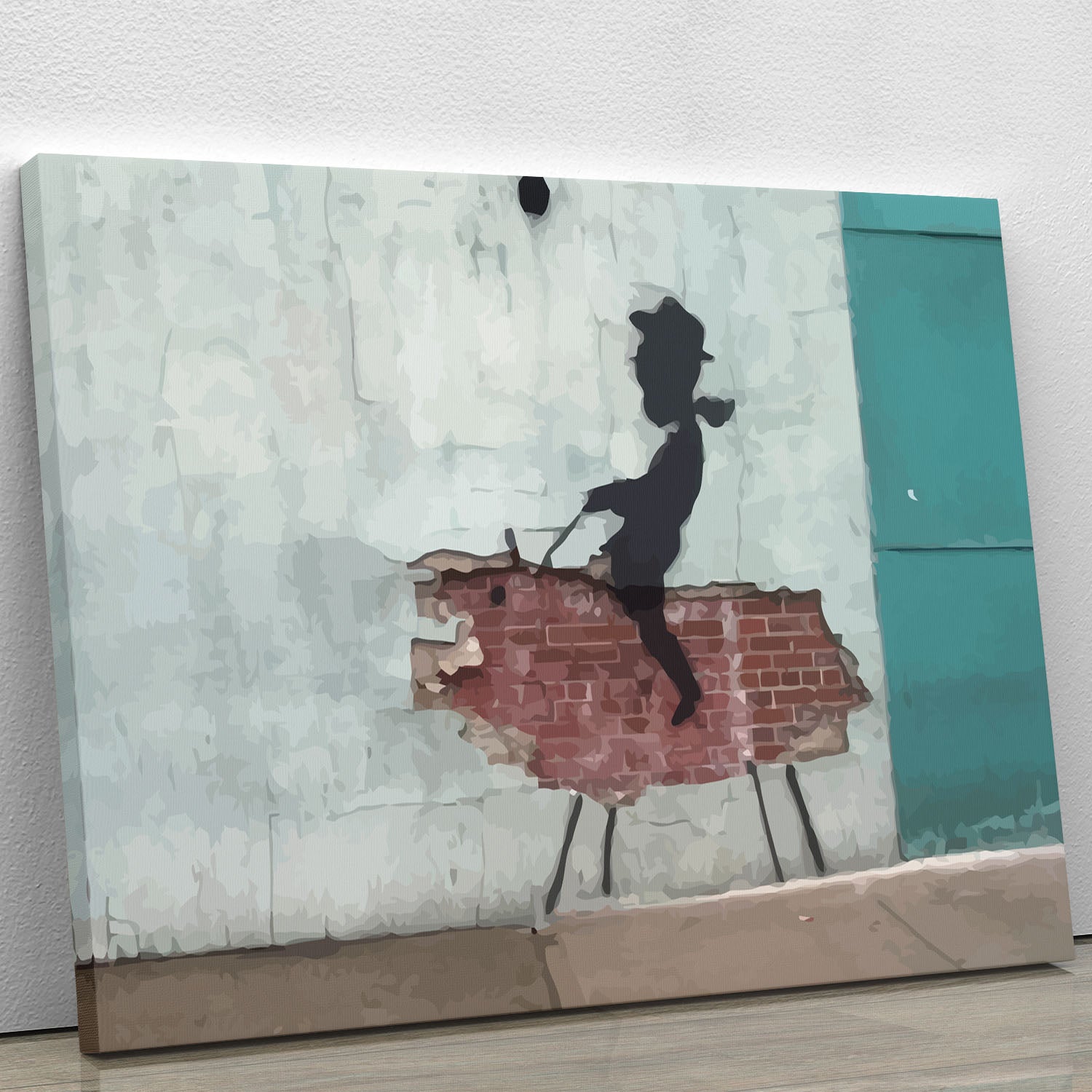 Banksy Rodeo Boy canvas print showcasing a playful street art style with vibrant colors.