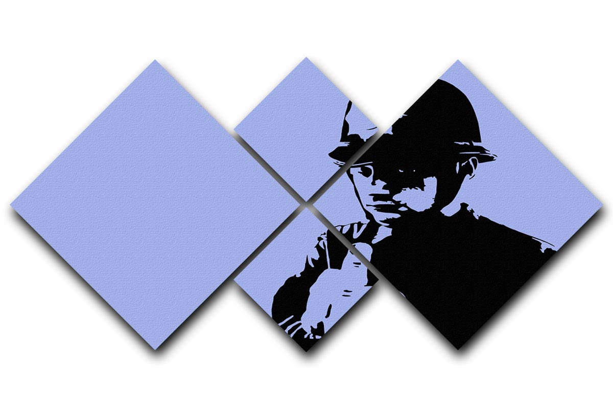 Banksy Rude Policeman Blue 4 Square Multi Panel Canvas artwork featuring a policeman in blue, divided into four equal panels.