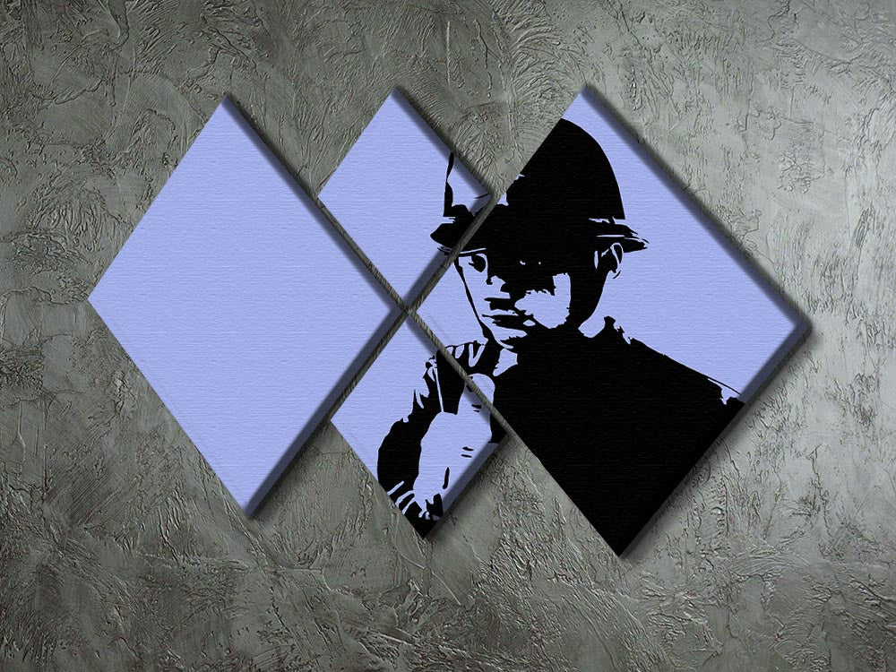 Banksy Rude Policeman Blue 4 Square Multi Panel Canvas artwork featuring a policeman in blue, divided into four equal panels.
