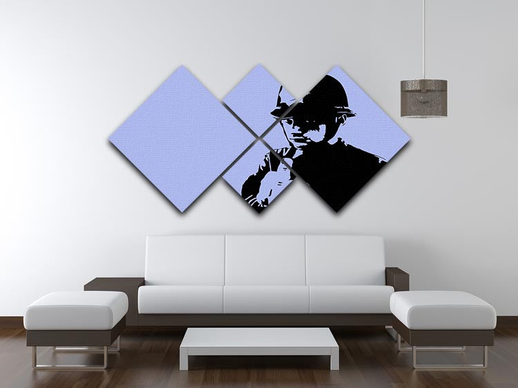 Banksy Rude Policeman Blue 4 Square Multi Panel Canvas artwork featuring a policeman in blue, divided into four equal panels.