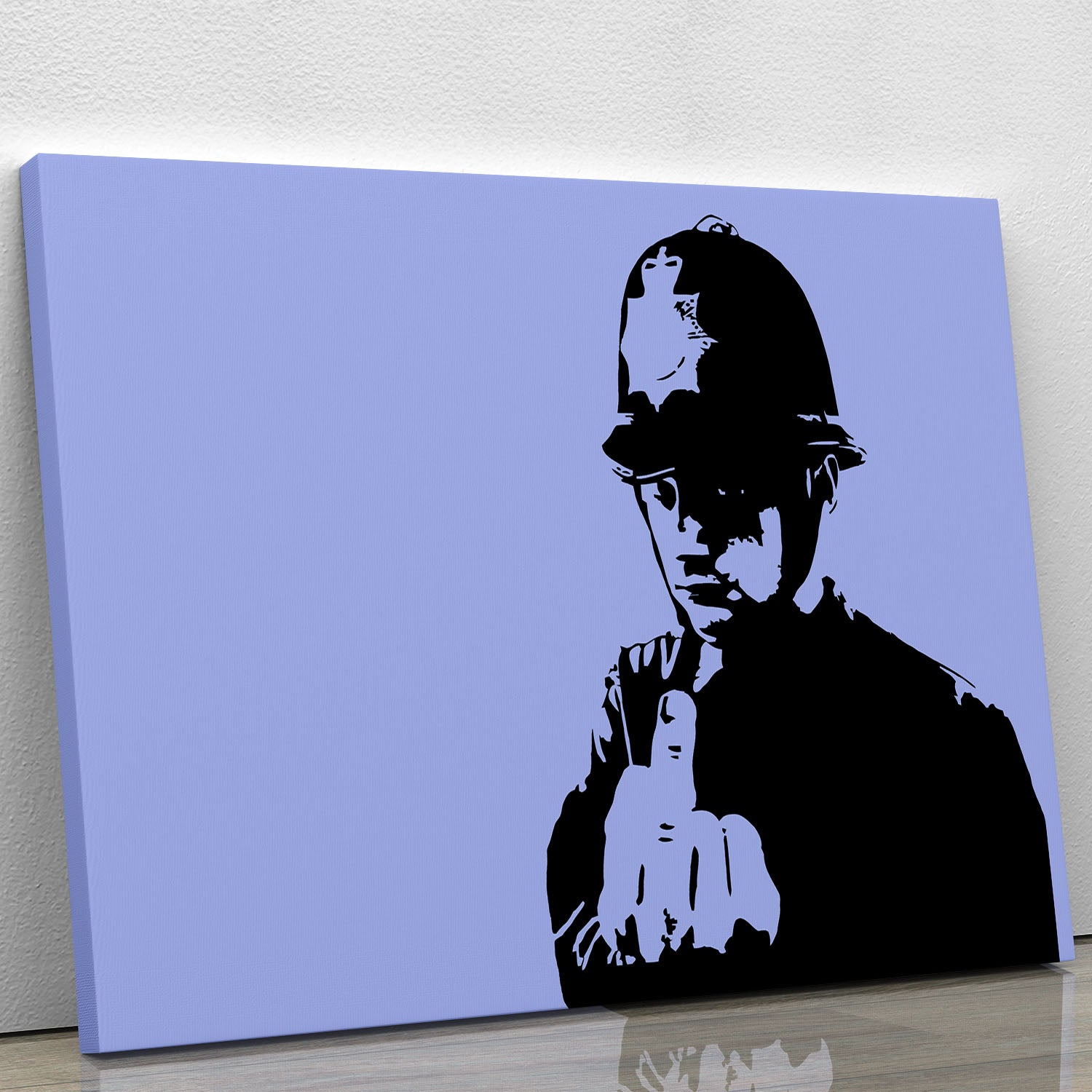 Banksy Rude Policeman Blue Canvas Print featuring bold colors and striking design, perfect for modern decor.