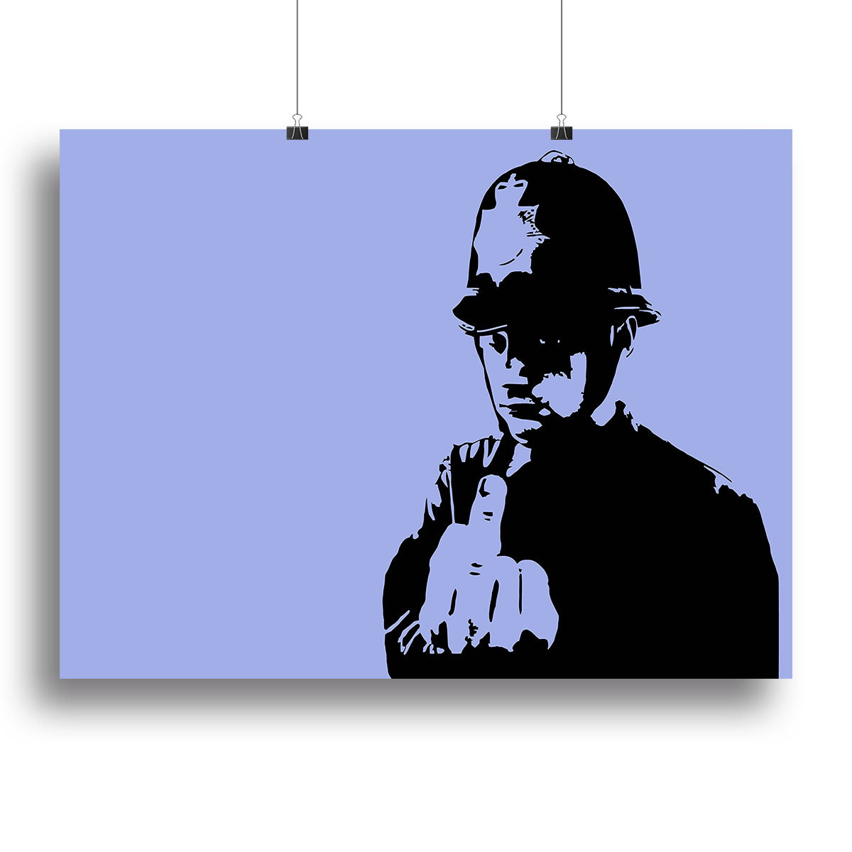 Banksy Rude Policeman Blue Canvas Print featuring bold colors and striking design, perfect for modern decor.