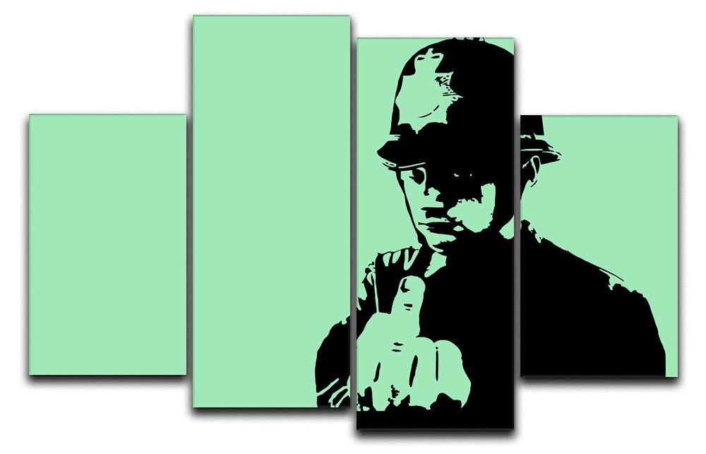 Banksy Rude Policeman Green 4 Split Panel Canvas artwork displayed in a modern setting, showcasing vibrant colors and dynamic design.