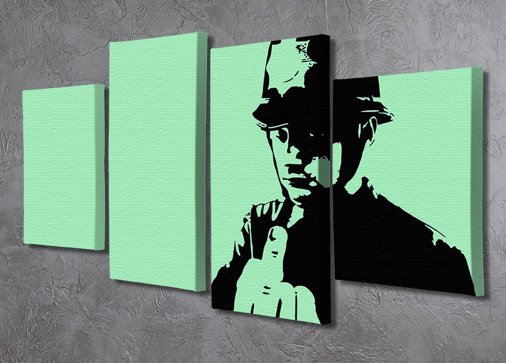 Banksy Rude Policeman Green 4 Split Panel Canvas artwork displayed in a modern setting, showcasing vibrant colors and dynamic design.
