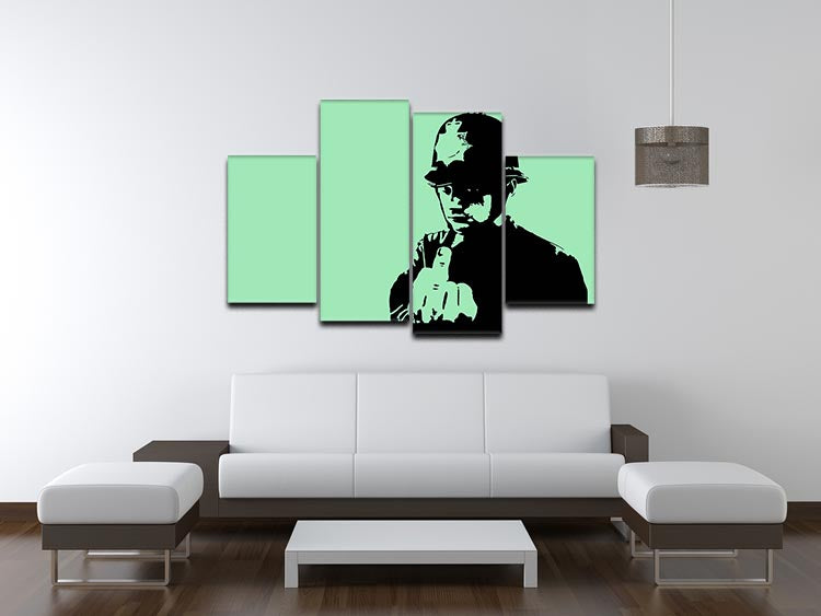 Banksy Rude Policeman Green 4 Split Panel Canvas artwork displayed in a modern setting, showcasing vibrant colors and dynamic design.