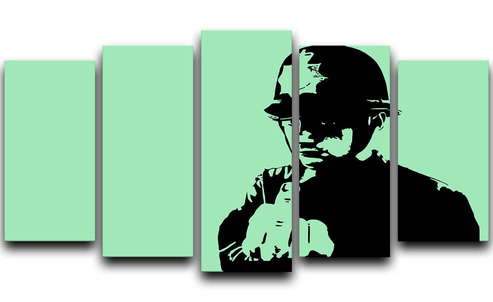 Banksy Rude Policeman Green 5 Split Panel Canvas artwork featuring vibrant green colors and dynamic design.