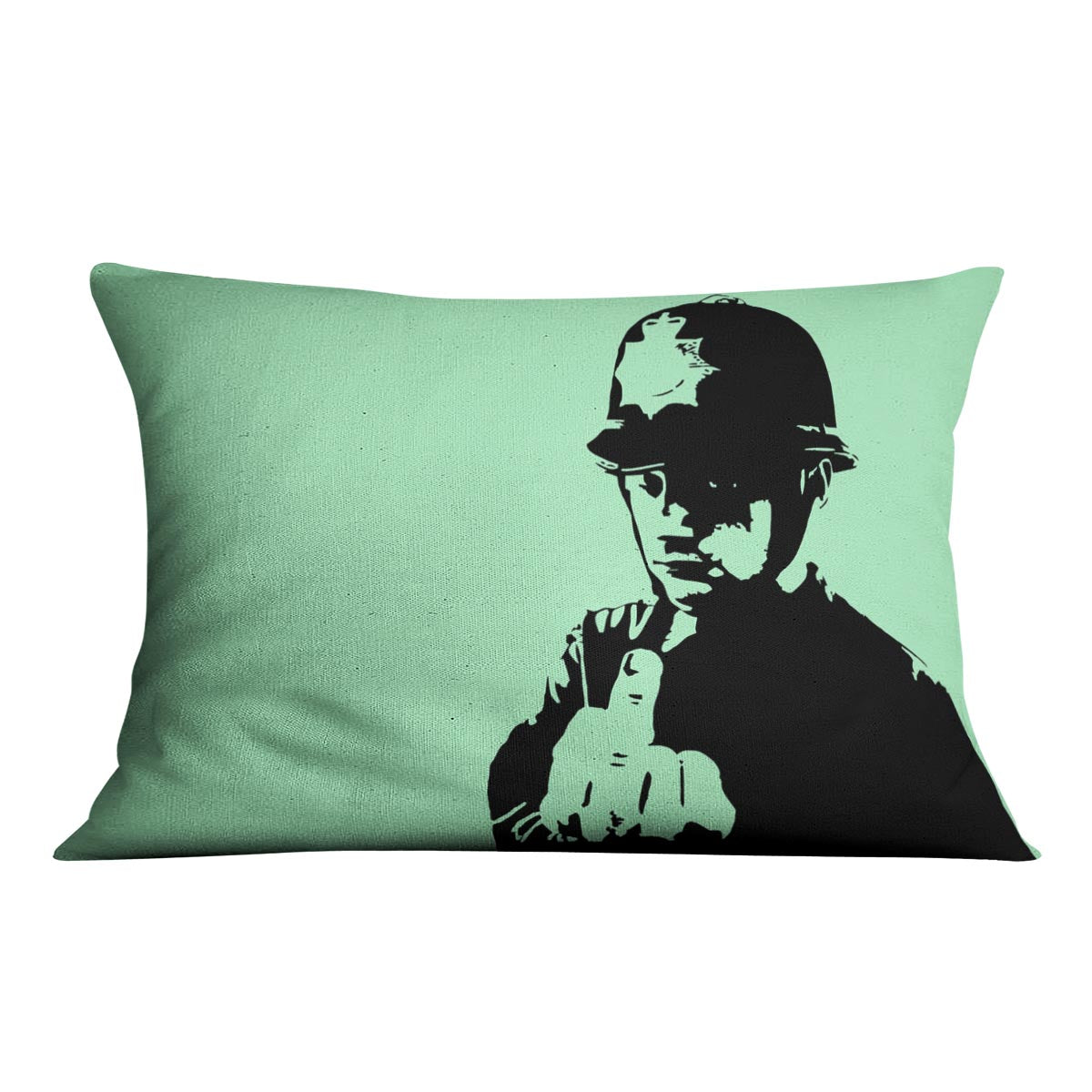 Banksy Rude Policeman Green Cushion featuring vibrant abstract design on luxurious vegan faux suede.