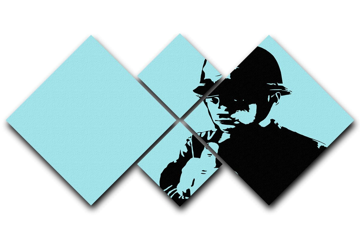 Banksy Rude Policeman Light Blue 4 Square Multi Panel Canvas artwork featuring four equal panels with a striking design.