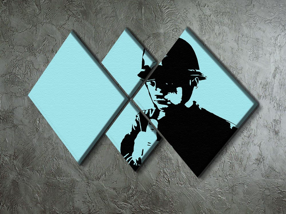 Banksy Rude Policeman Light Blue 4 Square Multi Panel Canvas artwork featuring four equal panels with a striking design.