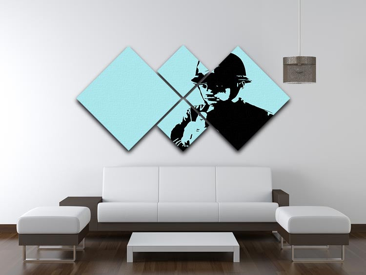 Banksy Rude Policeman Light Blue 4 Square Multi Panel Canvas artwork featuring four equal panels with a striking design.