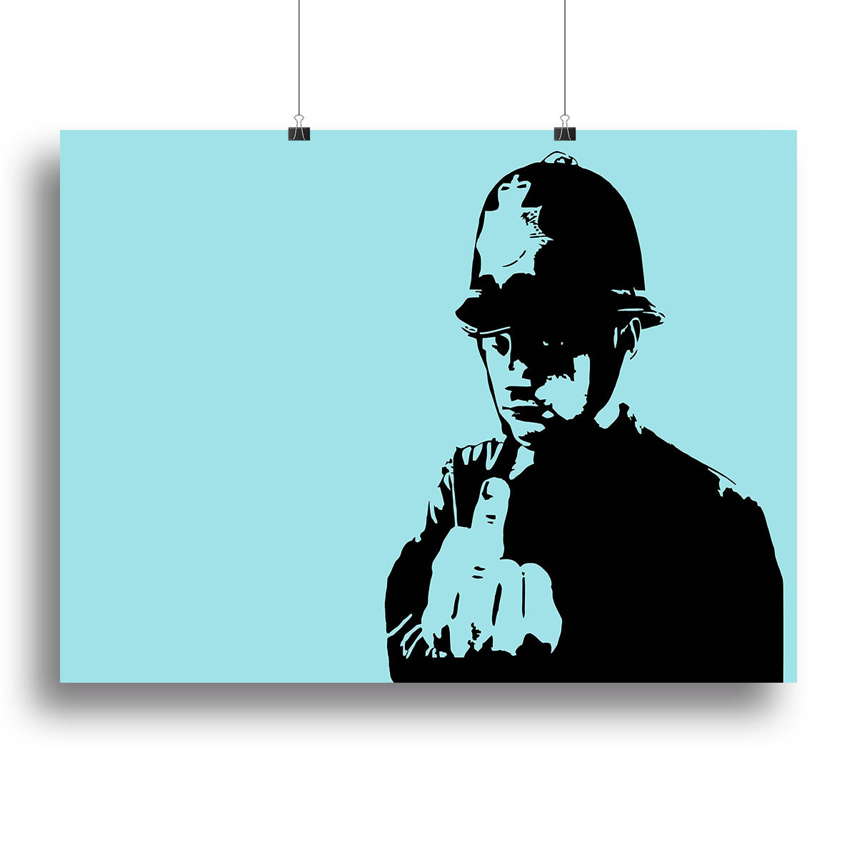 Banksy Rude Policeman Light Blue Canvas Print featuring iconic street art style.