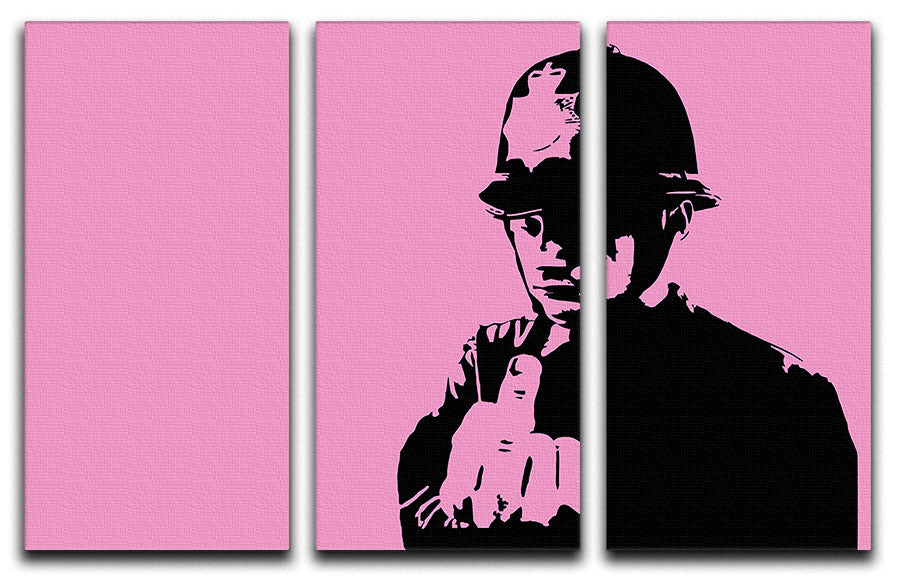 Banksy Rude Policeman Pink 3 Split Panel Canvas Print showcasing vibrant colors and modern art design.