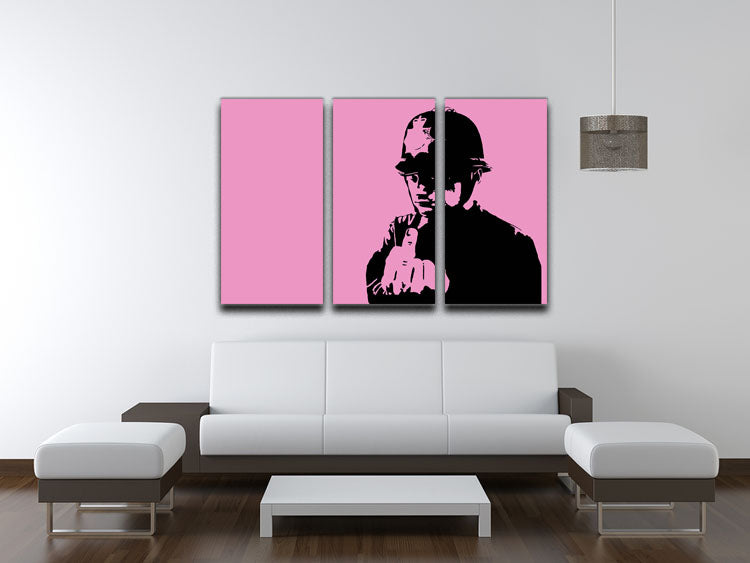 Banksy Rude Policeman Pink 3 Split Panel Canvas Print showcasing vibrant colors and modern art design.