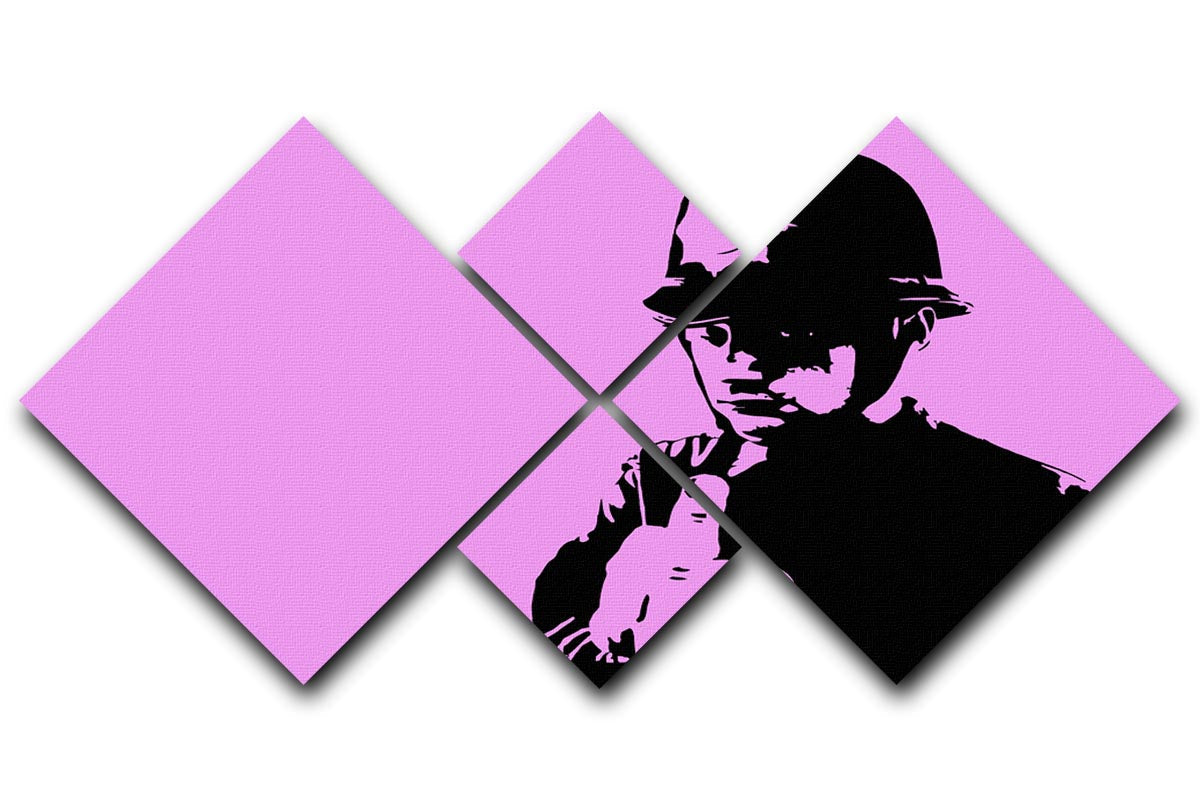 Banksy Rude Policeman Purple 4 Square Multi Panel Canvas artwork featuring four vibrant panels with a striking design.