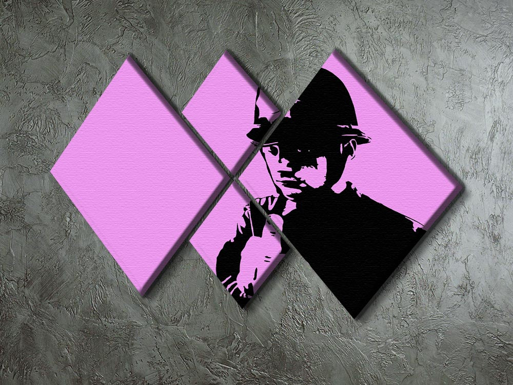Banksy Rude Policeman Purple 4 Square Multi Panel Canvas artwork featuring four vibrant panels with a striking design.