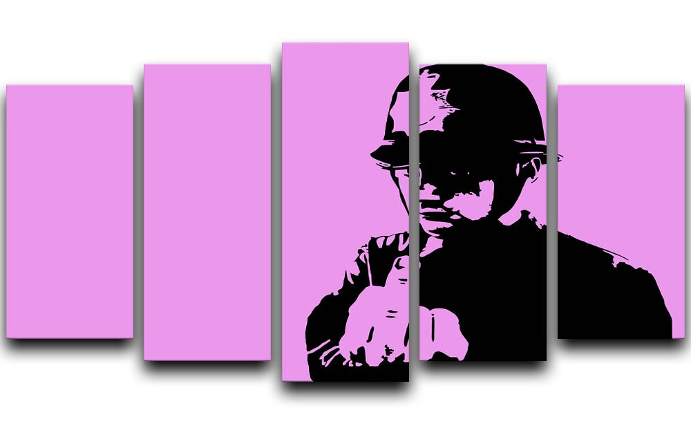 Banksy Rude Policeman Purple 5 Split Panel Canvas artwork featuring vibrant purple colors and a dynamic split panel design.