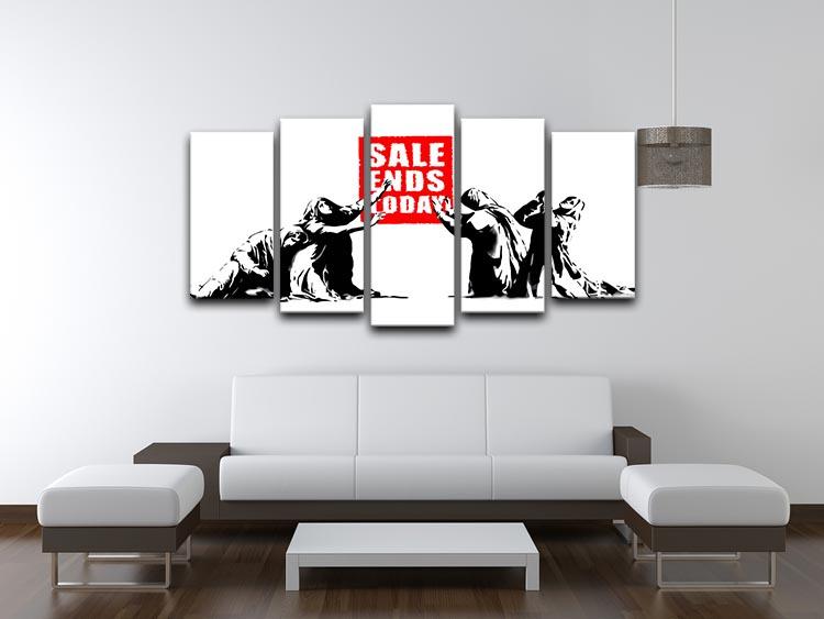 A striking 5-split panel canvas featuring Banksy's iconic artwork, showcasing vibrant colors and dynamic design.