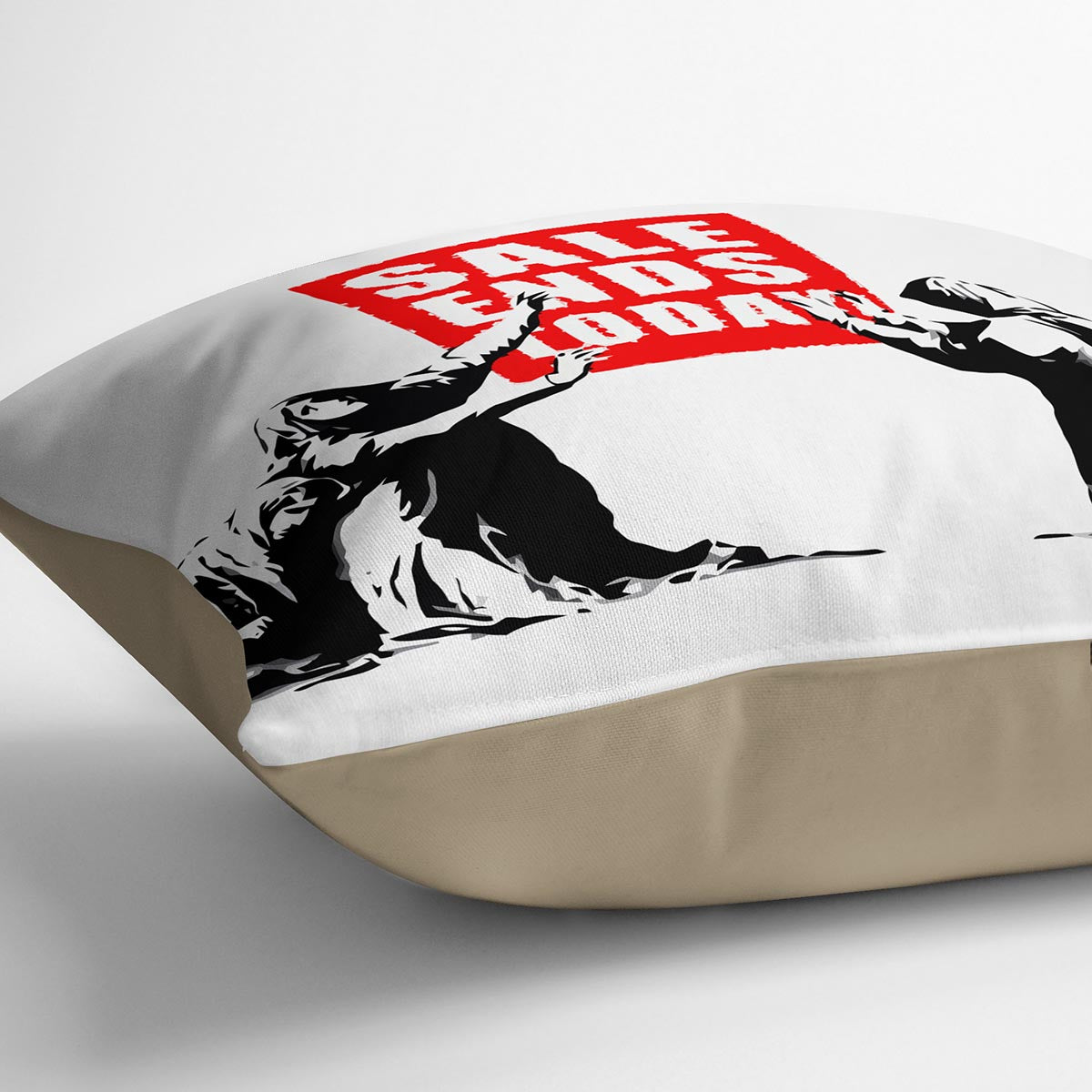 A vibrant Banksy Sale Ends Today Cushion featuring abstract designs on luxurious vegan faux suede, perfect for home decor.