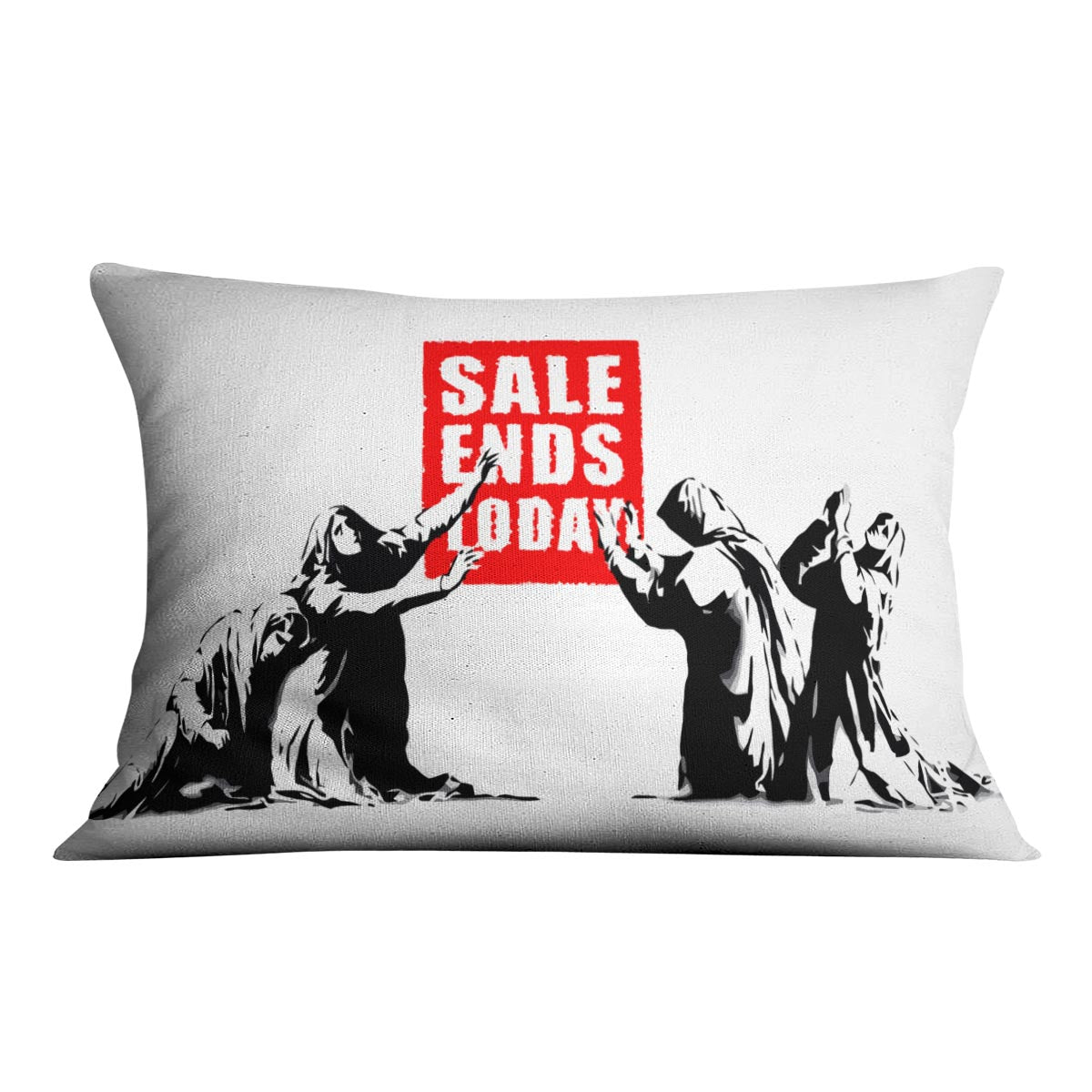 A vibrant Banksy Sale Ends Today Cushion featuring abstract designs on luxurious vegan faux suede, perfect for home decor.