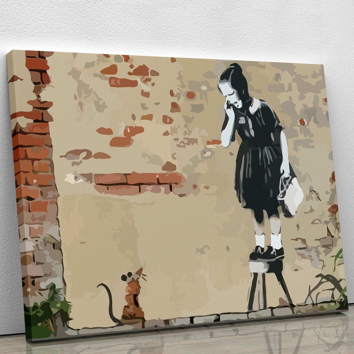Banksy School Girl Mouse canvas print featuring a school girl and a mouse, showcasing modern street art style.