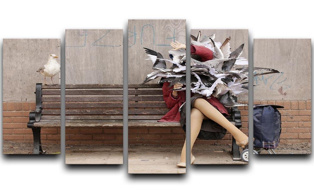 Banksy Seagulls 5 Split Panel Canvas artwork featuring five panels of seagulls in flight, showcasing vibrant colors and dynamic design.