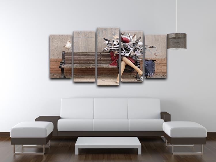 Banksy Seagulls 5 Split Panel Canvas artwork featuring five panels of seagulls in flight, showcasing vibrant colors and dynamic design.