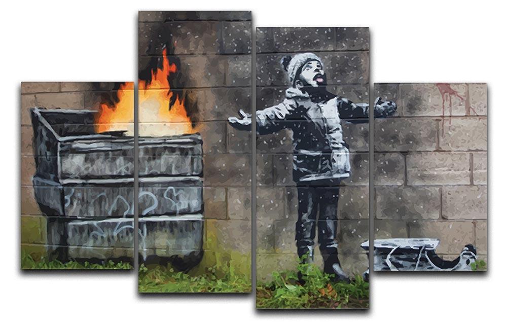 Banksy Seasons Greeting 4 Split Panel Canvas artwork featuring vibrant colors and dynamic design, divided into four equal sections.