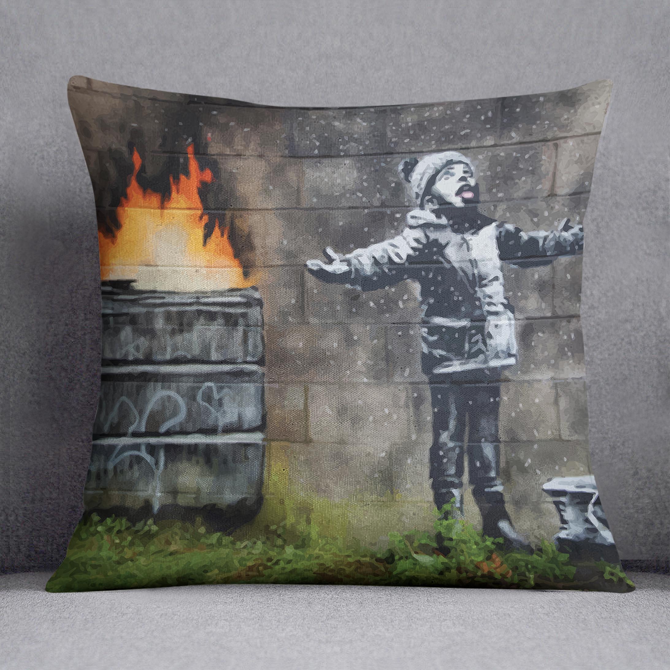 Banksy Seasons Greeting Cushion featuring vibrant abstract designs on luxurious vegan faux suede, perfect for home decor.