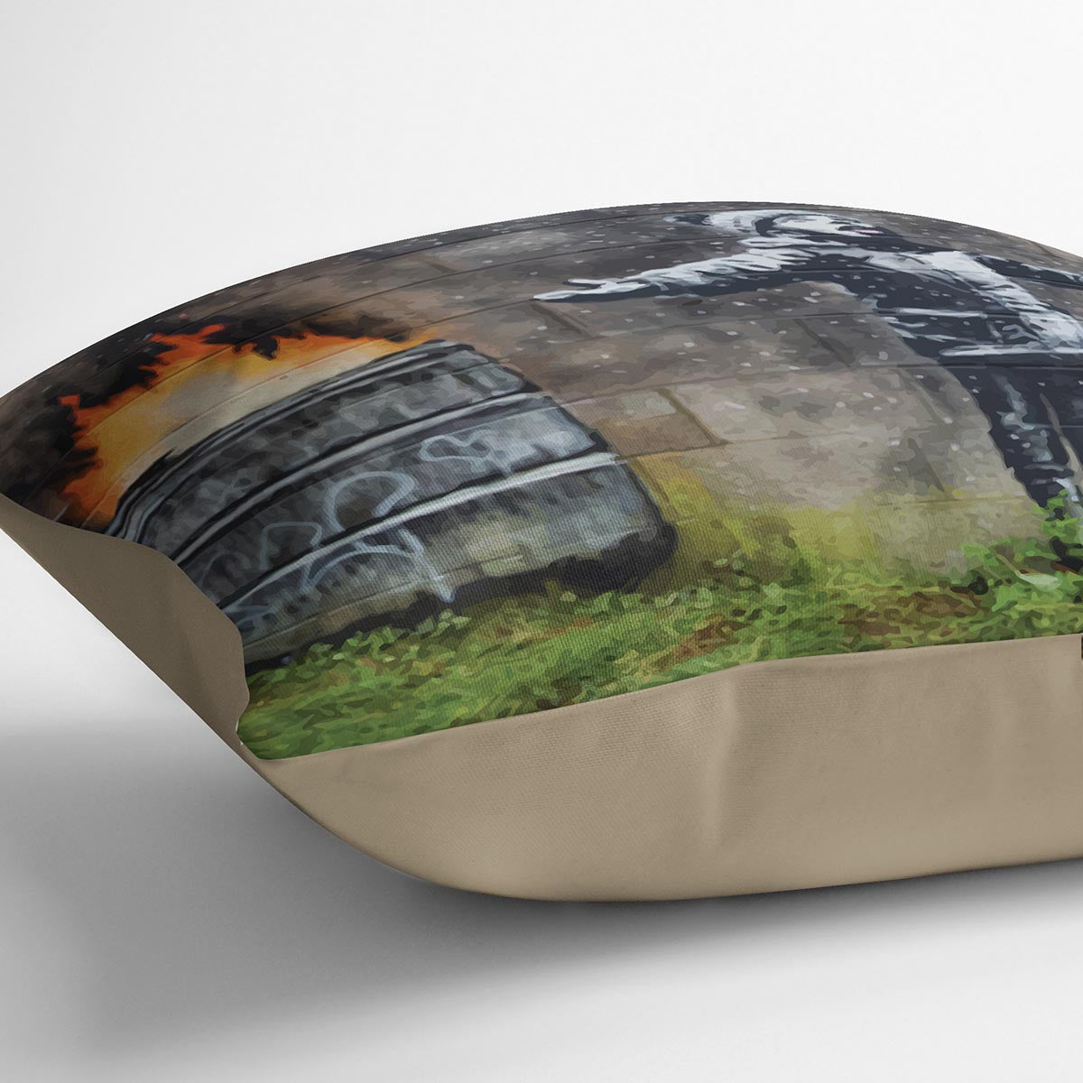 Banksy Seasons Greeting Cushion featuring vibrant abstract designs on luxurious vegan faux suede, perfect for home decor.