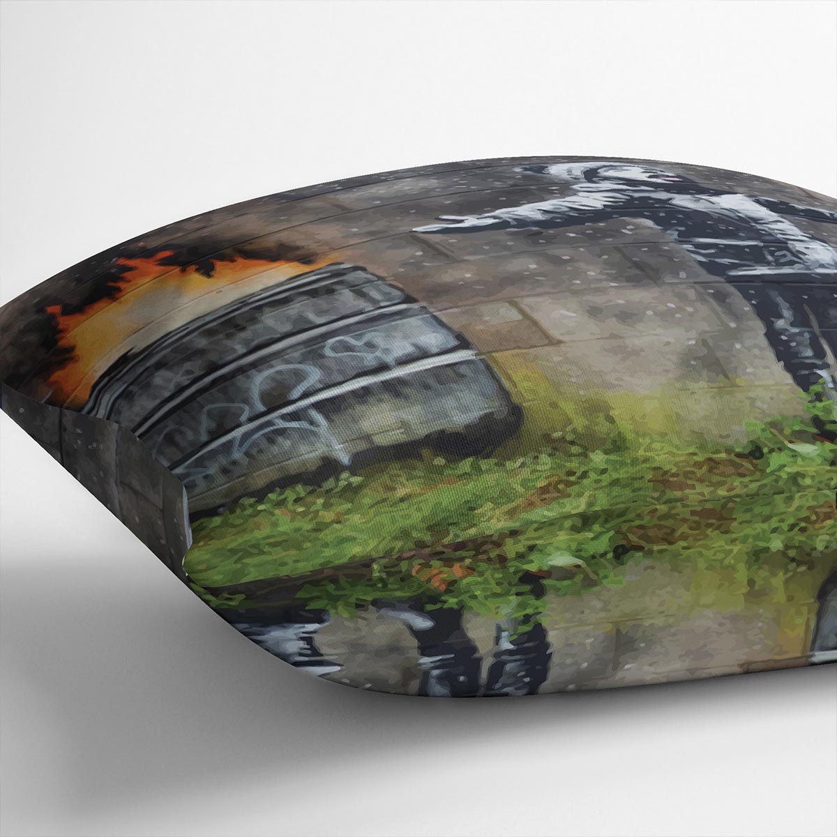 Banksy Seasons Greeting Cushion featuring vibrant abstract designs on luxurious vegan faux suede, perfect for home decor.