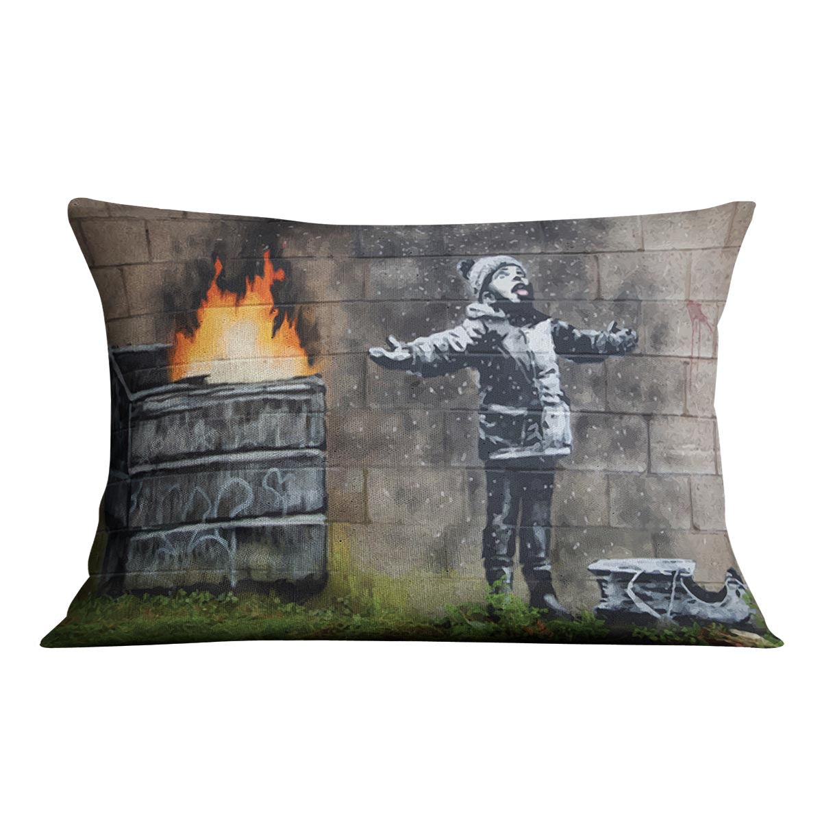 Banksy Seasons Greeting Cushion featuring vibrant abstract designs on luxurious vegan faux suede, perfect for home decor.