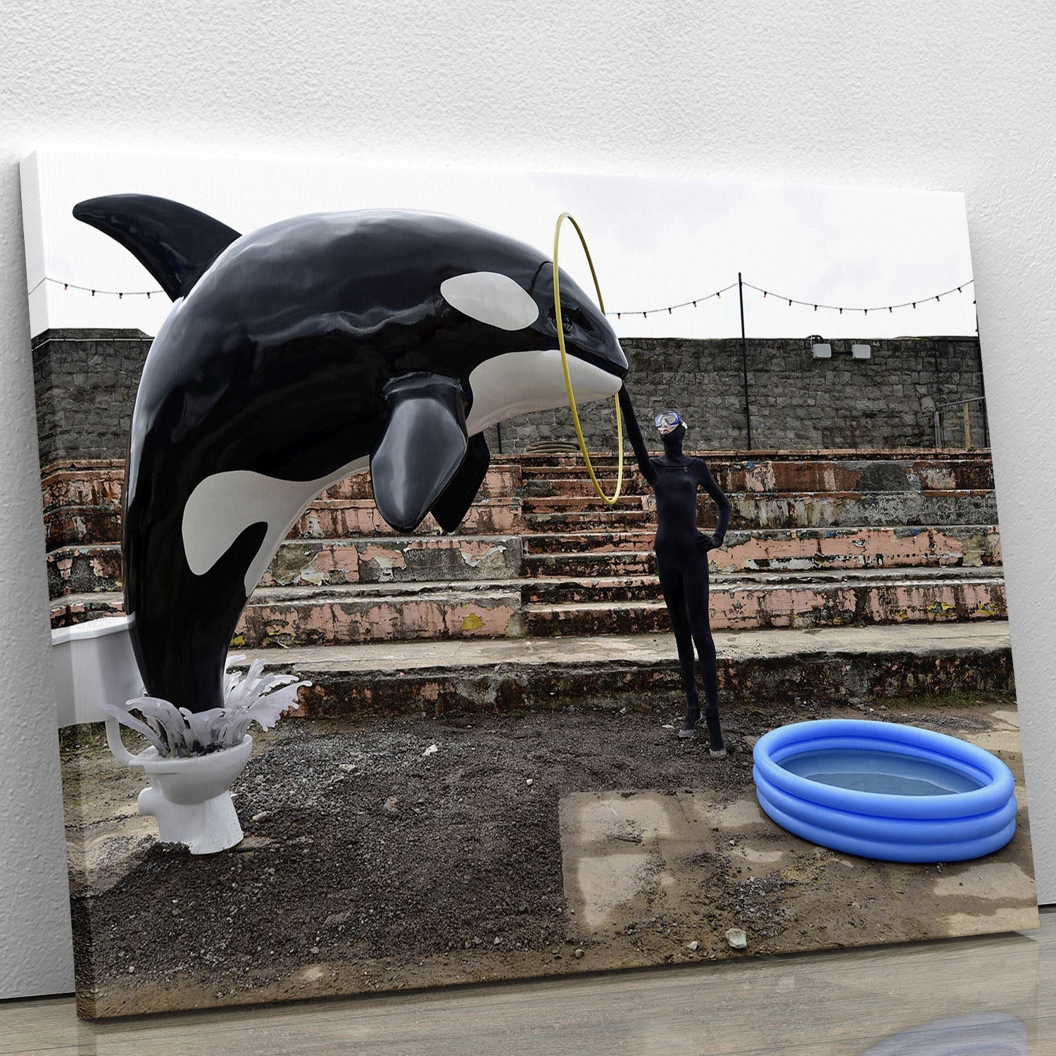 Banksy Seaworld Canvas Print featuring a striking design that combines modern art with a powerful environmental message.