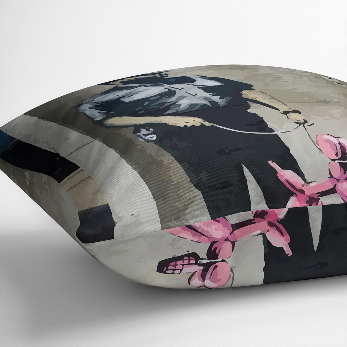 Banksy Security Guard With Pink Balloon Dog Cushion featuring vibrant colors and unique design on luxurious faux suede fabric.