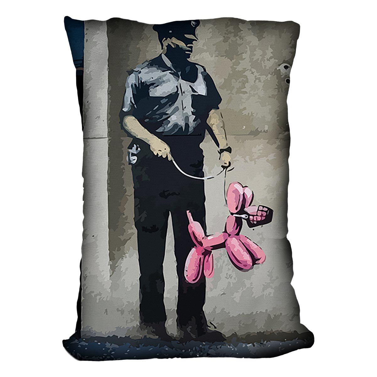 Banksy Security Guard With Pink Balloon Dog Cushion featuring vibrant colors and unique design on luxurious faux suede fabric.