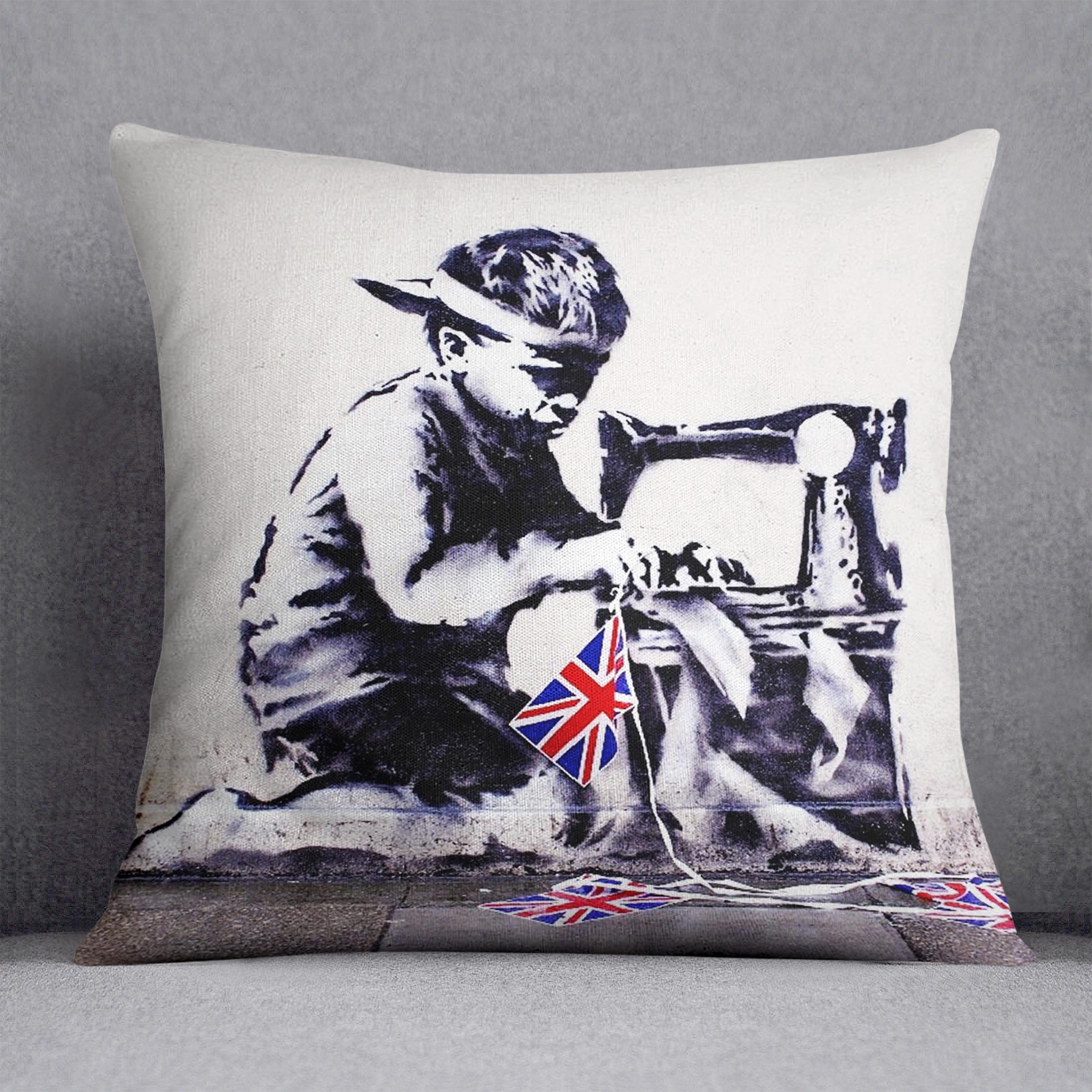 Banksy Slave Labour Cushion featuring vibrant abstract design on luxurious vegan faux suede, perfect for home decor.