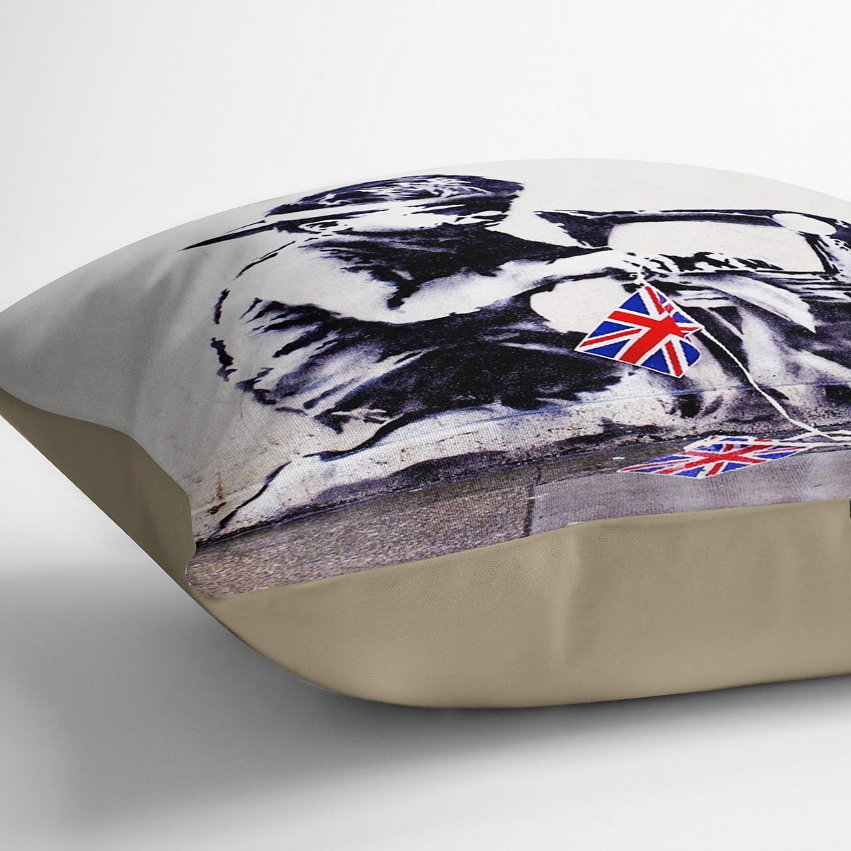 Banksy Slave Labour Cushion featuring vibrant abstract design on luxurious vegan faux suede, perfect for home decor.