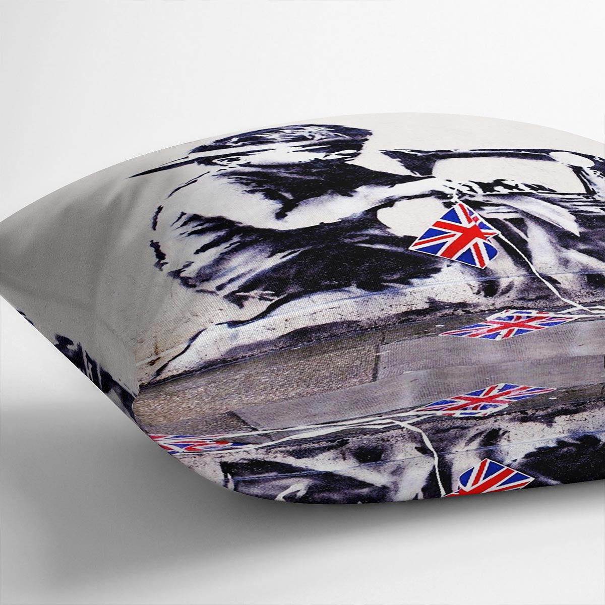 Banksy Slave Labour Cushion featuring vibrant abstract design on luxurious vegan faux suede, perfect for home decor.