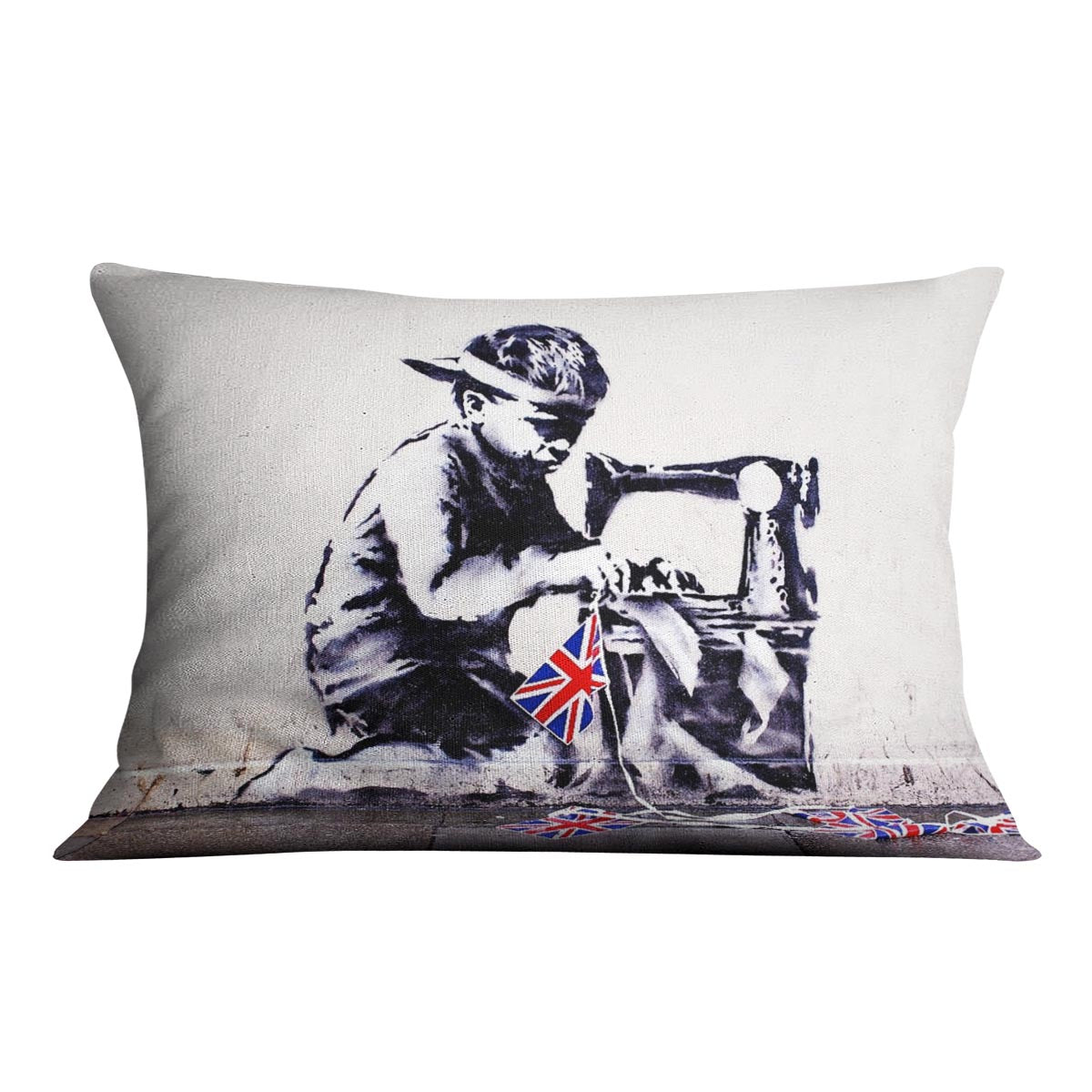Banksy Slave Labour Cushion featuring vibrant abstract design on luxurious vegan faux suede, perfect for home decor.