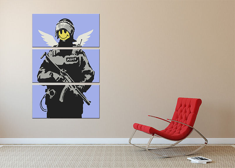 Banksy Smiley Angel Policeman Blue 3-panel canvas print featuring vibrant colors and modern art design, perfect for home decor.