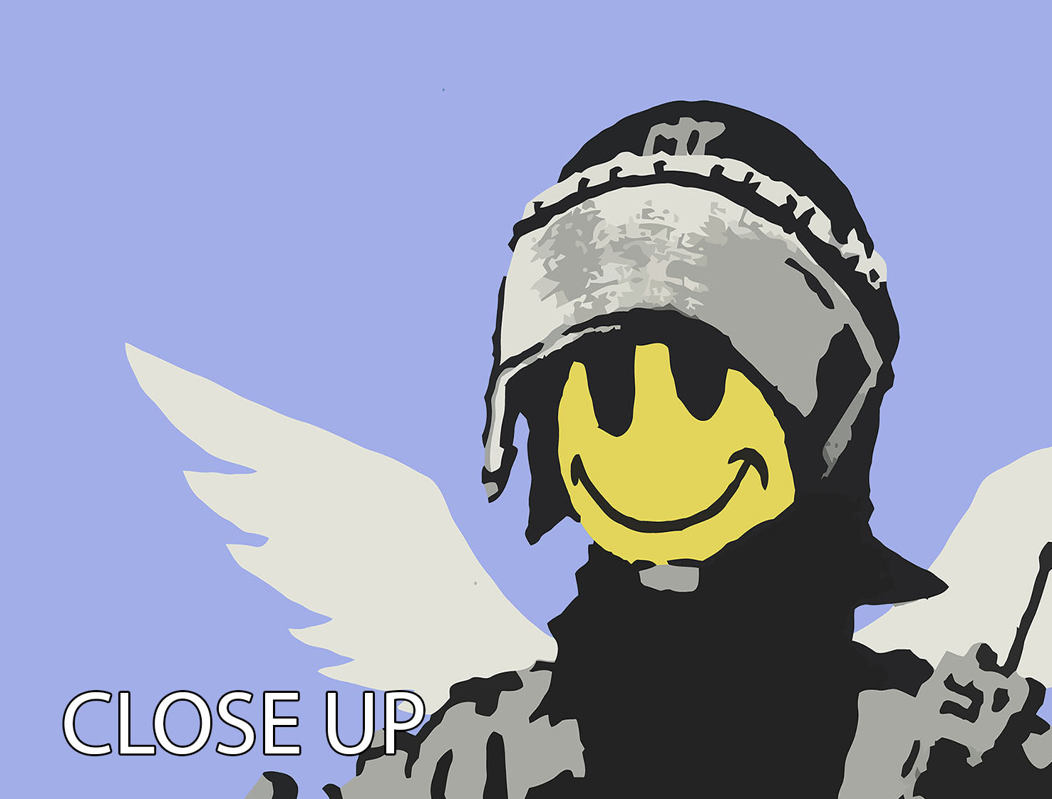 Banksy Smiley Angel Policeman Blue 3-panel canvas print featuring vibrant colors and modern art design, perfect for home decor.