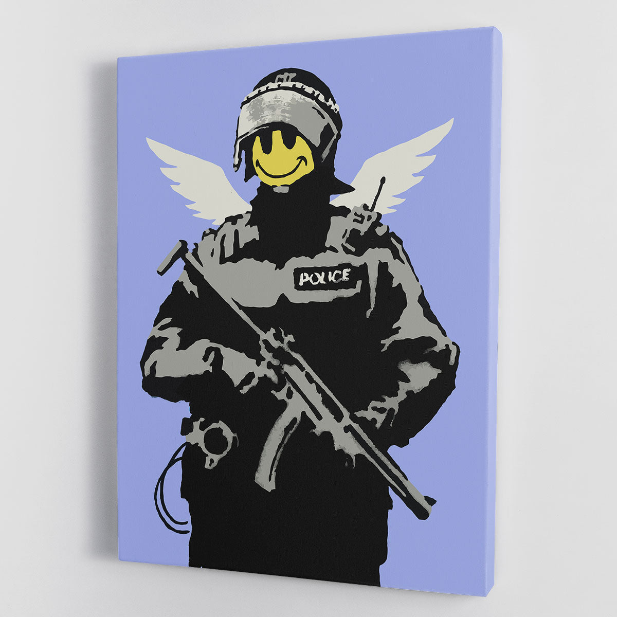 Banksy Smiley Angel Policeman Blue Canvas Print showcasing vibrant colors and modern art style.