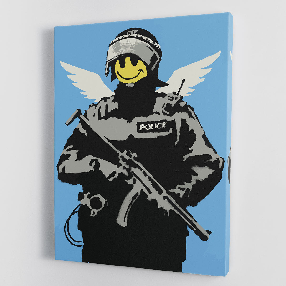Banksy Smiley Angel Policeman canvas print showcasing vibrant colors and modern design.