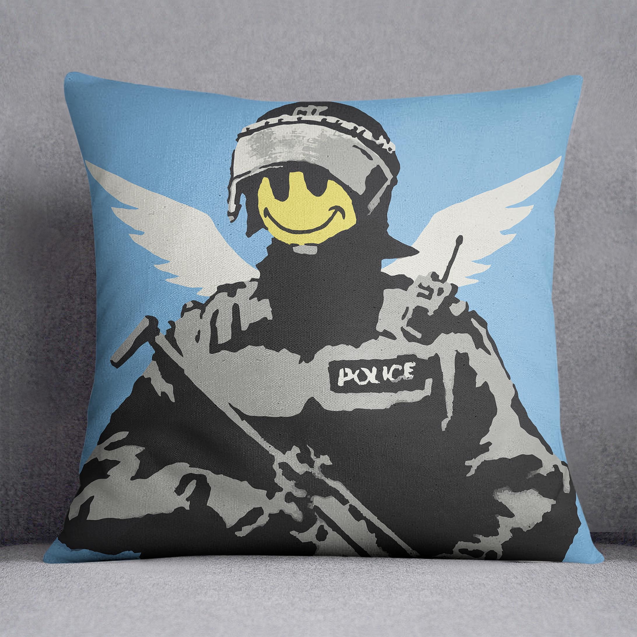 Banksy Smiley Angel Policeman Cushion featuring vibrant colors and abstract design on luxurious vegan faux suede.