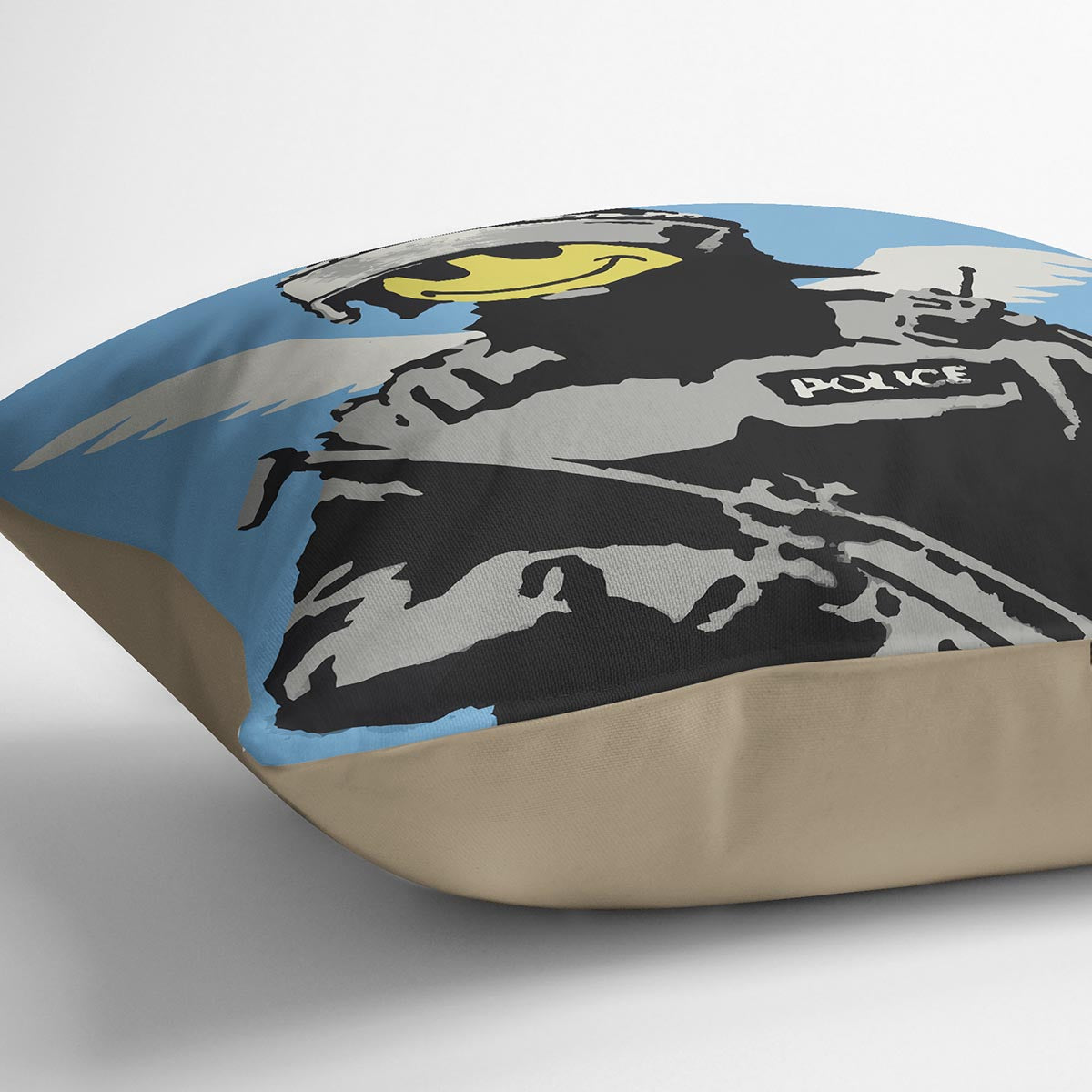 Banksy Smiley Angel Policeman Cushion featuring vibrant colors and abstract design on luxurious vegan faux suede.