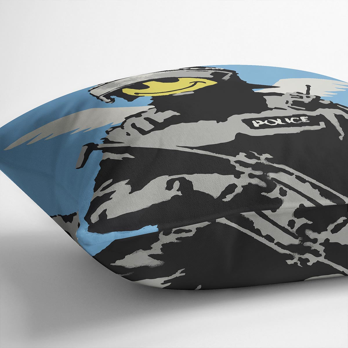 Banksy Smiley Angel Policeman Cushion featuring vibrant colors and abstract design on luxurious vegan faux suede.