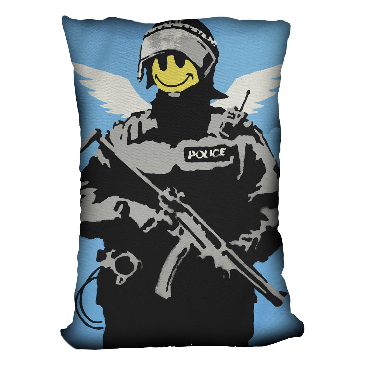 Banksy Smiley Angel Policeman Cushion featuring vibrant colors and abstract design on luxurious vegan faux suede.
