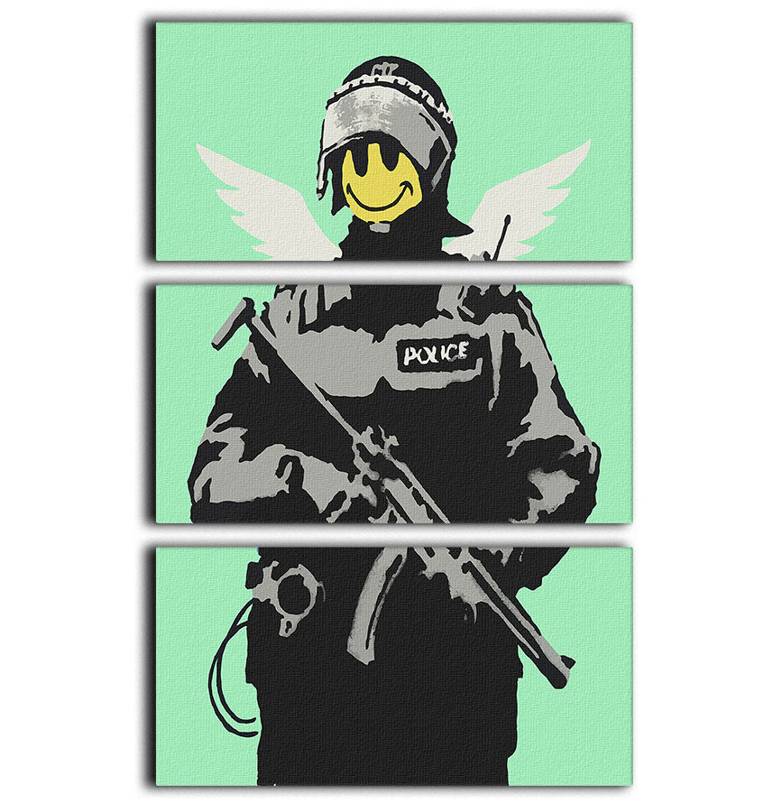 Banksy Smiley Angel Policeman Green 3-panel canvas print showcasing vibrant colors and modern art design.