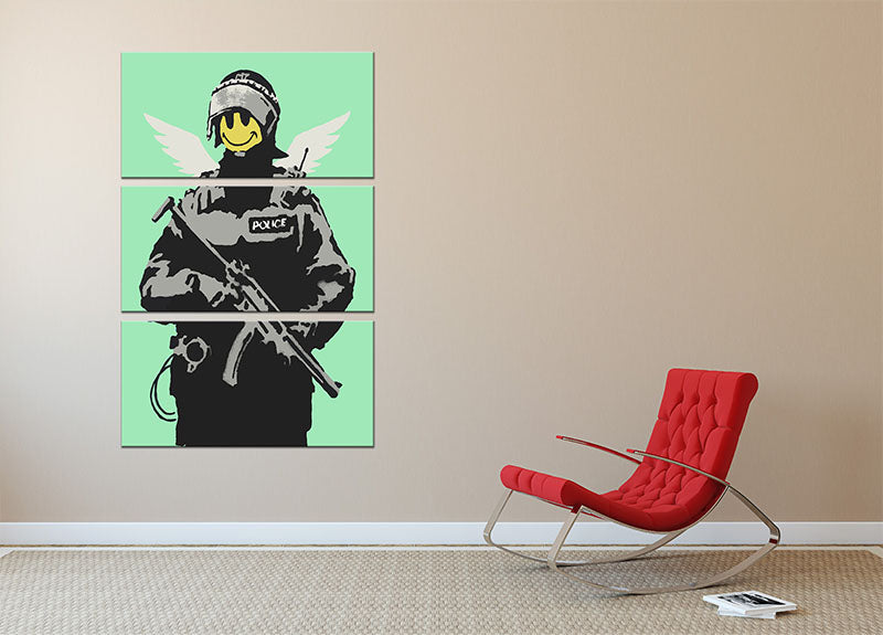 Banksy Smiley Angel Policeman Green 3-panel canvas print showcasing vibrant colors and modern art design.