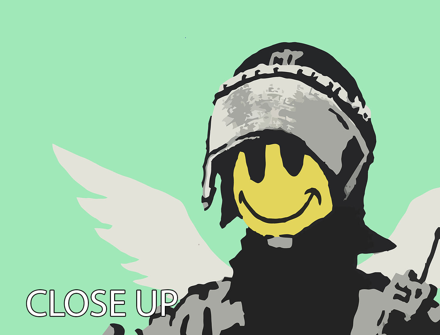 Banksy Smiley Angel Policeman Green 3-panel canvas print showcasing vibrant colors and modern art design.